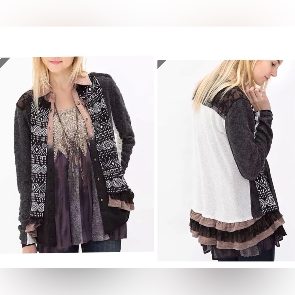 BKE ruffle cardigan with decorative metal frog hook closure Size Medium